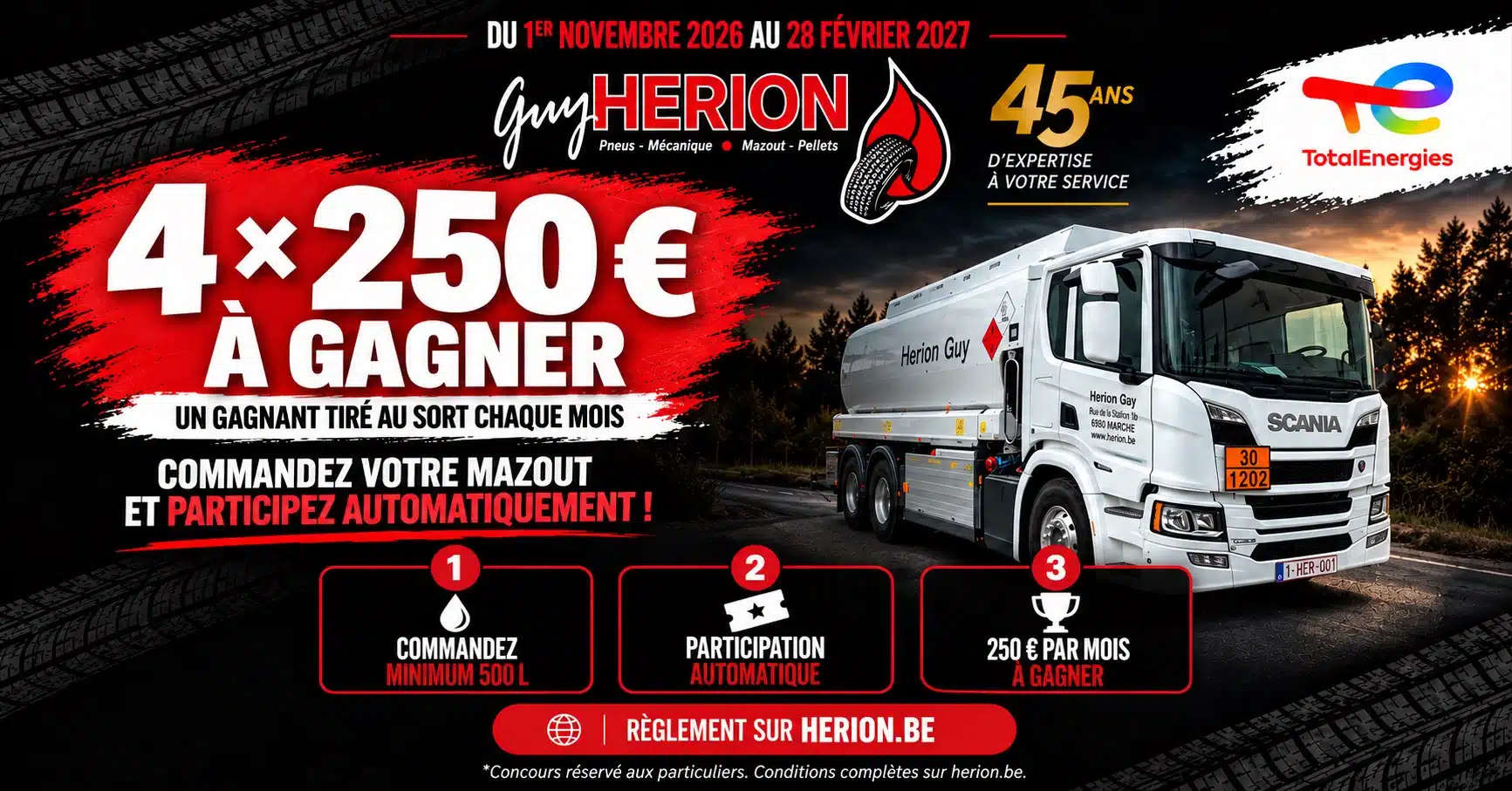 Concours Guy Herion du 1er novembre 2026 au 28 février 2027 : commandez minimum 500 L de mazout et participez automatiquement. 4 × 250 € à gagner, un gagnant tiré au sort chaque mois.